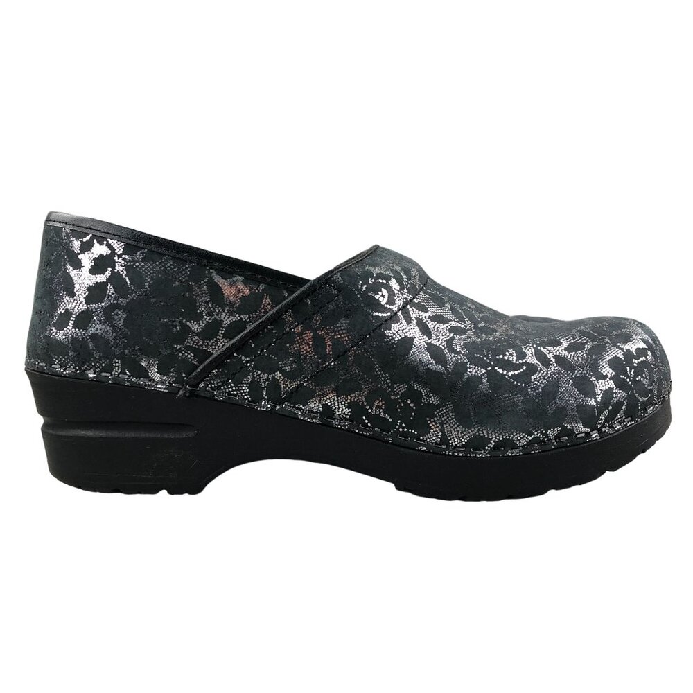 Sanita Women's EU 40 (9-9.5) Presley Silver Grey Floral Print Professional Clogs